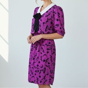 Vintage 80s JB Too Purple Print Midi Dress with White Collar & Black Bow Size 10